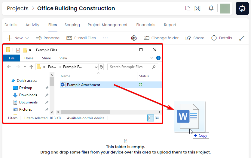 A screenshot that demonstrates how a file can be dragged from the operating system of a computer onto the display area of the Files Browser Component in Rapid. The screenshot is annotated with a red box to indicate the operating system&#39;s file brows, and an arrow to indicate that an item can be dragged from this browser onto the component. The mouse cursor has a faint image of the word icon, and the message &#39;+ Copy&#39; beneath the cursor.